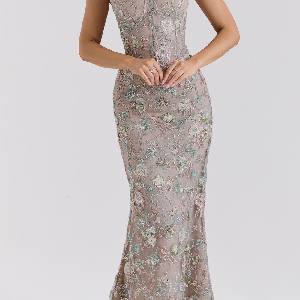 House of CB Floral Embroidered Dress in Taupe and Green